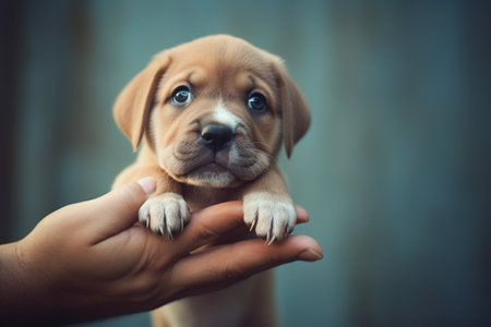 Hand holding cute newborn dog - Help animal adoption shelter - World Animal Day Concept - Generative AIの素材