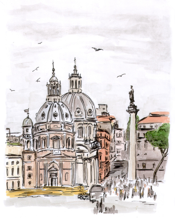 Sketch of square in Rome, watercolor, Ilalyの写真素材
