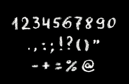 Chalk hand written numbers and punctuation marks on blackboardの写真素材