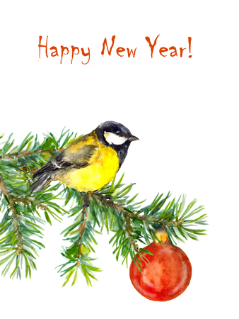 Cute new year illustration with tit bird and baubles, watercolorの写真素材