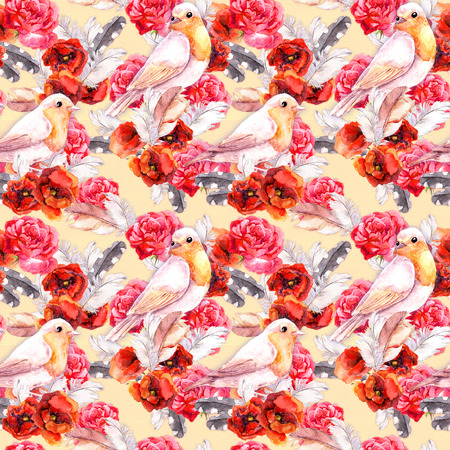 Vintage floral repeating sealess background with poppies, feathers and birds in natural colorsの写真素材