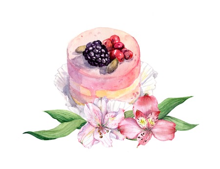 Cake with berries and pink fruit spring flowers. Watercolorの写真素材