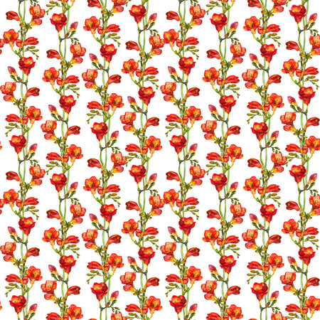 Seamless floral background with hand painted colorful red freesia flowersの写真素材