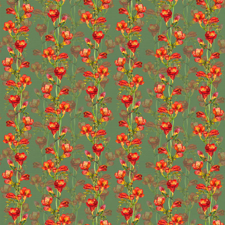 Seamless floral background with hand painted colorful red freesia flowersの写真素材