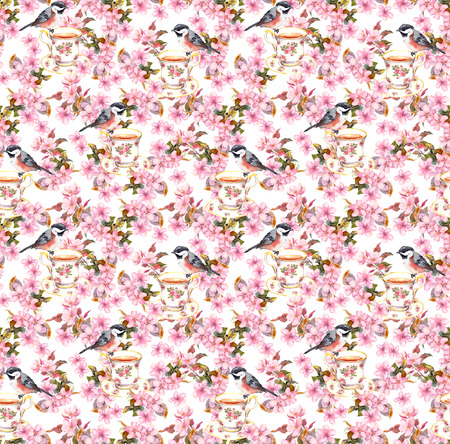 Seamless floral template with aquarelle painted apple and cherry flowers blossoming with bird and tea cupの写真素材