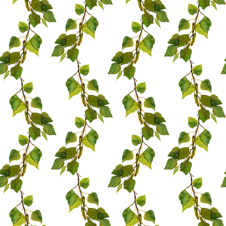 Seamless backdrop with birch branches and green leaves, watercolorの写真素材
