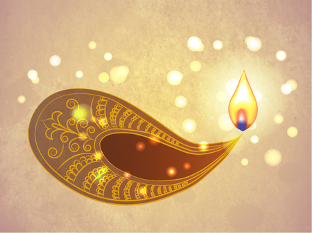 Diwali lamp with flame and lights. Indian ornament at ornate background. Vectorのイラスト素材