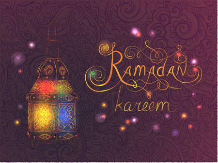 Ramadan kareem note with filigree lantern lamp in shiny lights. Vector illustrationのイラスト素材