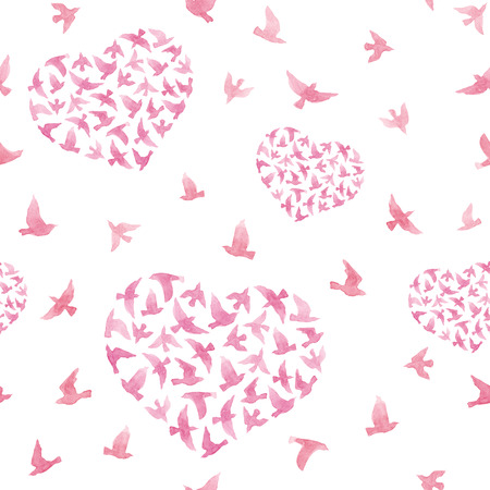 Pastel pink hearts with flying birds. Girly repeated pattern. Watercolorの写真素材