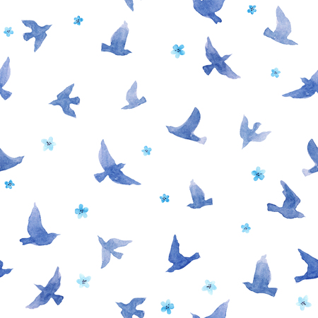 Cute birds and small flowers. Seamless pattern. Watercolorの写真素材