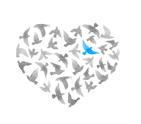 Heart with grey and lonly blue bird. Vintage watercolorの写真素材