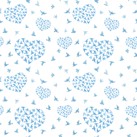 Heart with birds. Ditsy seamless pattern. Cute watercolorの写真素材