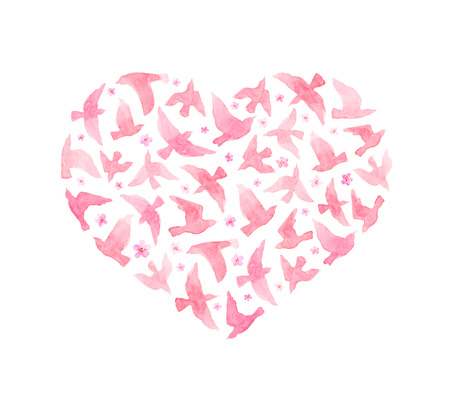 Heart with birds and flowers for Valentine day. Watercolor for fashion designの写真素材