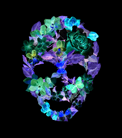 Skull with flowers. Watercolor for Halloween decorationの写真素材