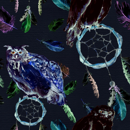 Feathers, owl bird and dream catcher black background. Repeating pattern for vintage magic background. Watercolorの写真素材