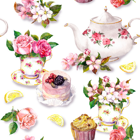 Tea pattern with flowers cherry blossom, rose flower in tea cup, cake and tea pot. Water color. Seamless backgroundの写真素材