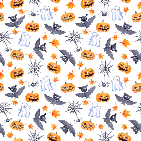 Halloween seamless pattern with halloween pumpkin, bat, web and ghost. Cute naive watercolorの写真素材