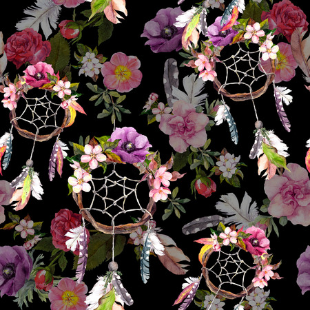 Dream catcher, flowers, feathers on black background. Seamless pattern. Watercolorの写真素材