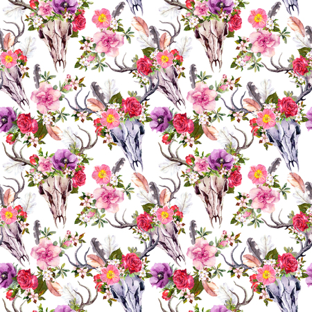 Deer skulls with flowers. Seamless pattern. Watercolorの写真素材