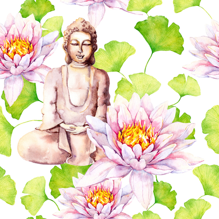 Buddha with lotus, leaves, decorative design. Seamless pattern. Watercolorの写真素材