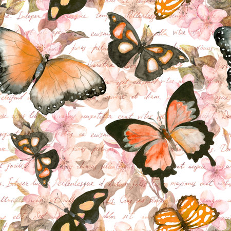 Flowers, butterflies, hand written text note. Watercolor. Seamless patternの写真素材