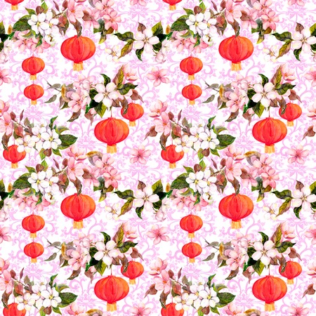 Holiday chinese lanterns in spring blossom, sakura flowers . Repeating pattern with asian ornament at background. Watercolorの写真素材