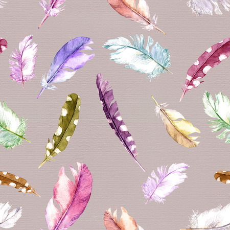 Feathers pattern. Watercolor seamless background.の写真素材