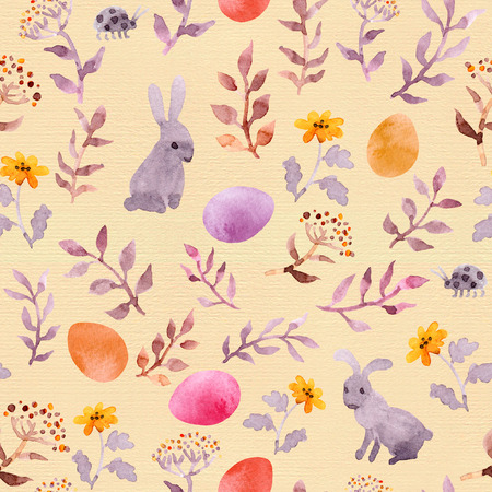 Easter bunny, colored eggs in grass and flowers. Seamless floral easter pattern. Watercolorの写真素材