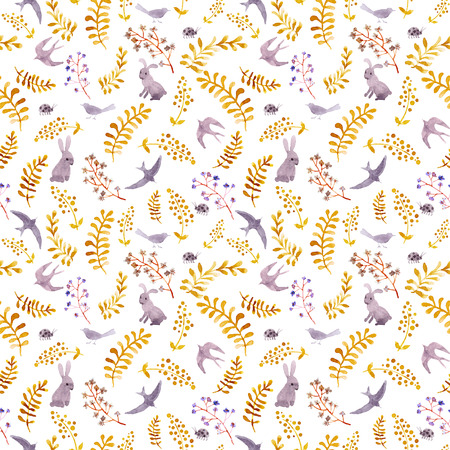 Rabbits, birds, ladybugs, autumn leaves. Repeating cute ditsy pattern. Watercolorの写真素材