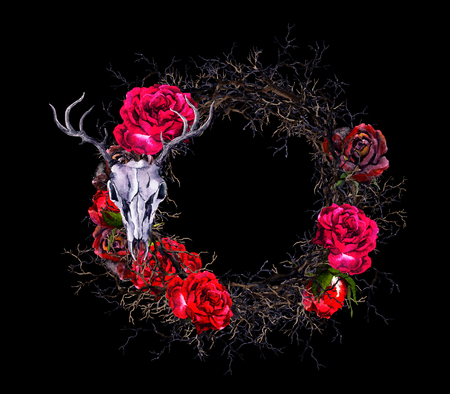 Wreath with deers skull, red roses, branches. Watercolor border for Halloweenの写真素材
