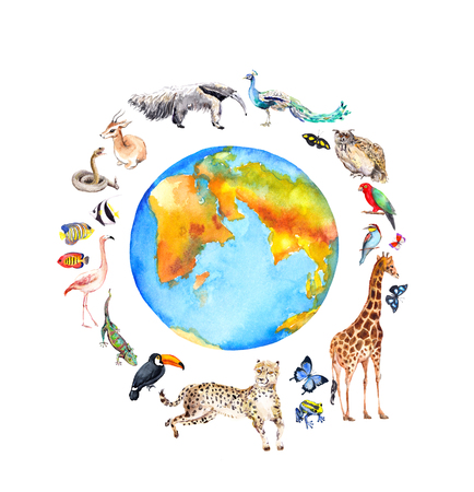 World globe, wild animals, birds - giraffe, cheetah, toucan, flamingo and other . Zoo, wildlife watercolor for Environment day, Earth dayの写真素材