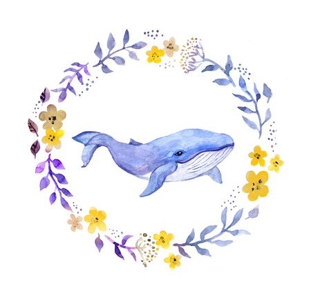 Whale in floral wreath. Watercolorの写真素材