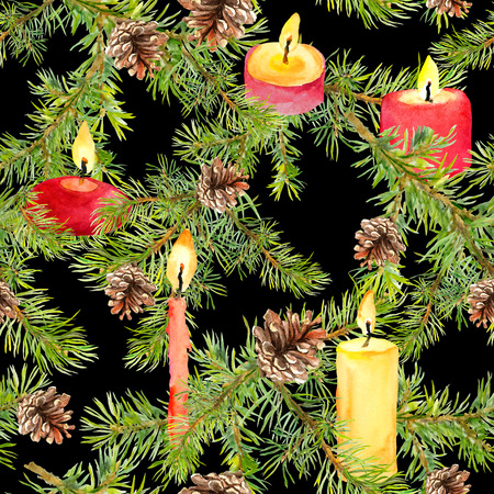 Christmas tree branches, spruce twigs, burning candles. Repeating patternの写真素材