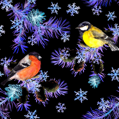 Winter birds, pine tree branches, snowflakes. Seamless pattern in neon light. Night watercolorの写真素材