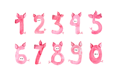 Cute numbers with pig nose, ears, tales for 2019 year. Funny hand drawn font for New year in pig styleの写真素材