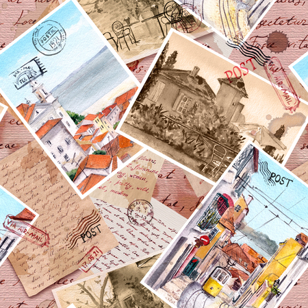 Hand written letters, vintage photo, travel post cards, postal stamps. Repeating retro pattern, aged paper textureの写真素材