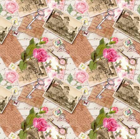 Vintage old paper with hand written letters, photos, stamps, keys, watercolor rose flowers for scrap book. Nostalgic designの写真素材