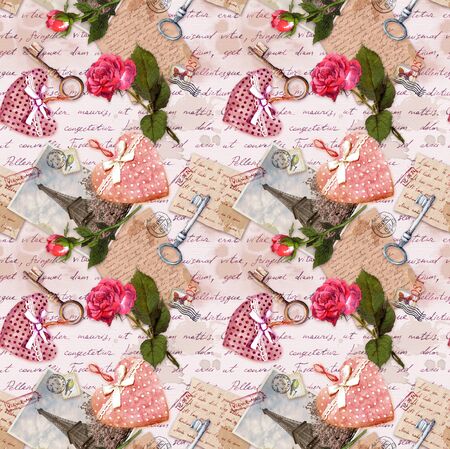 Handwritten letters, vintage photo of Eiffel Tower, hearts, rose flowers, stamps, keys. Repeating background, love symbols for Valentine dayの写真素材