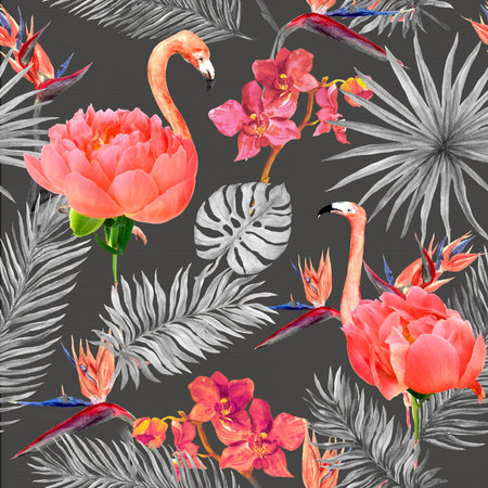 Flamingo with pink peony flowers, tropical leaves and exotic flowers. Seamless pattern on black background. Watercolorの写真素材