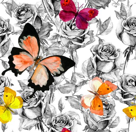 Rose flowers, butterflies. Vintage watercolor. Repeating pattern in neutral colorsの写真素材