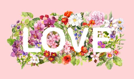 Floral word Love and flowers, grass. Watercolorの写真素材