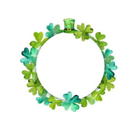 Saint Patrick wreath - trefoil leaves, green hat. Watercolor round frameの写真素材