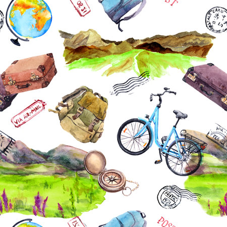 Travel seamless pattern. Mountains, bicycle, backpacks and cases, postal marks. Watercolorの写真素材