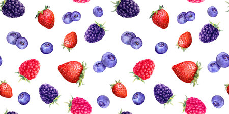 Summer berries - raspberry, strawberry, blackberry, blueberry. Seamless food pattern. Watercolorの写真素材