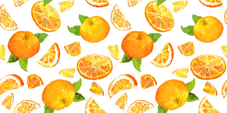 Fun summer pattern with oranges and leaves. Seamless pattern, repeated texture design.  hand painted...