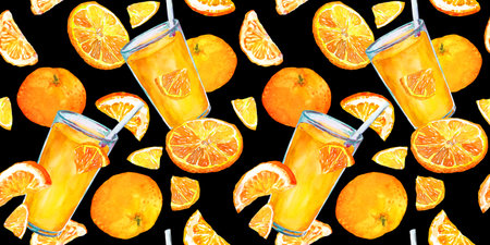 Watercolour with tangerine fruits and orange juice glasses. Seamless pattern on black background
