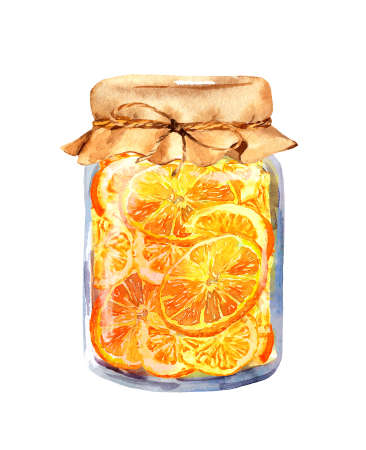 Orange jam - glass jar with citrus slices. Watercolor foodの写真素材