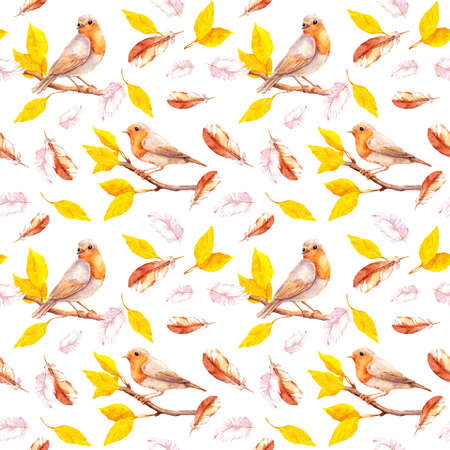 Yellow leaves on autumn branches with birds, falling feathers. Repeating background. Watercolorの写真素材
