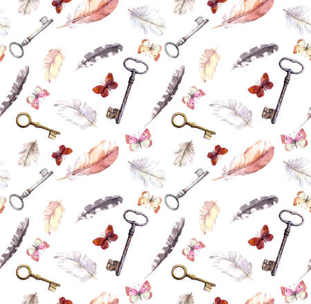 Butterflies, feathers, keys. Watercolour repeated background. Vintage boho illustrationの写真素材