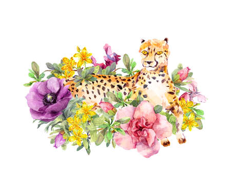 Cheetah in flowers. Water color floral animalの写真素材